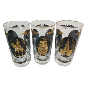 Set 3 Vintage Libbey 1960s American Black Gold Patriotic Glasses Highball Drink